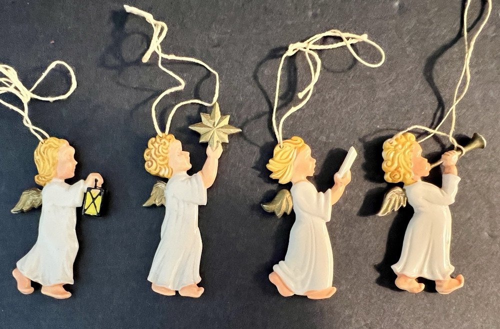 Lot of 4 Miniature Celluloid Christmas Angel Ornaments German 1950s Vintage WOW!